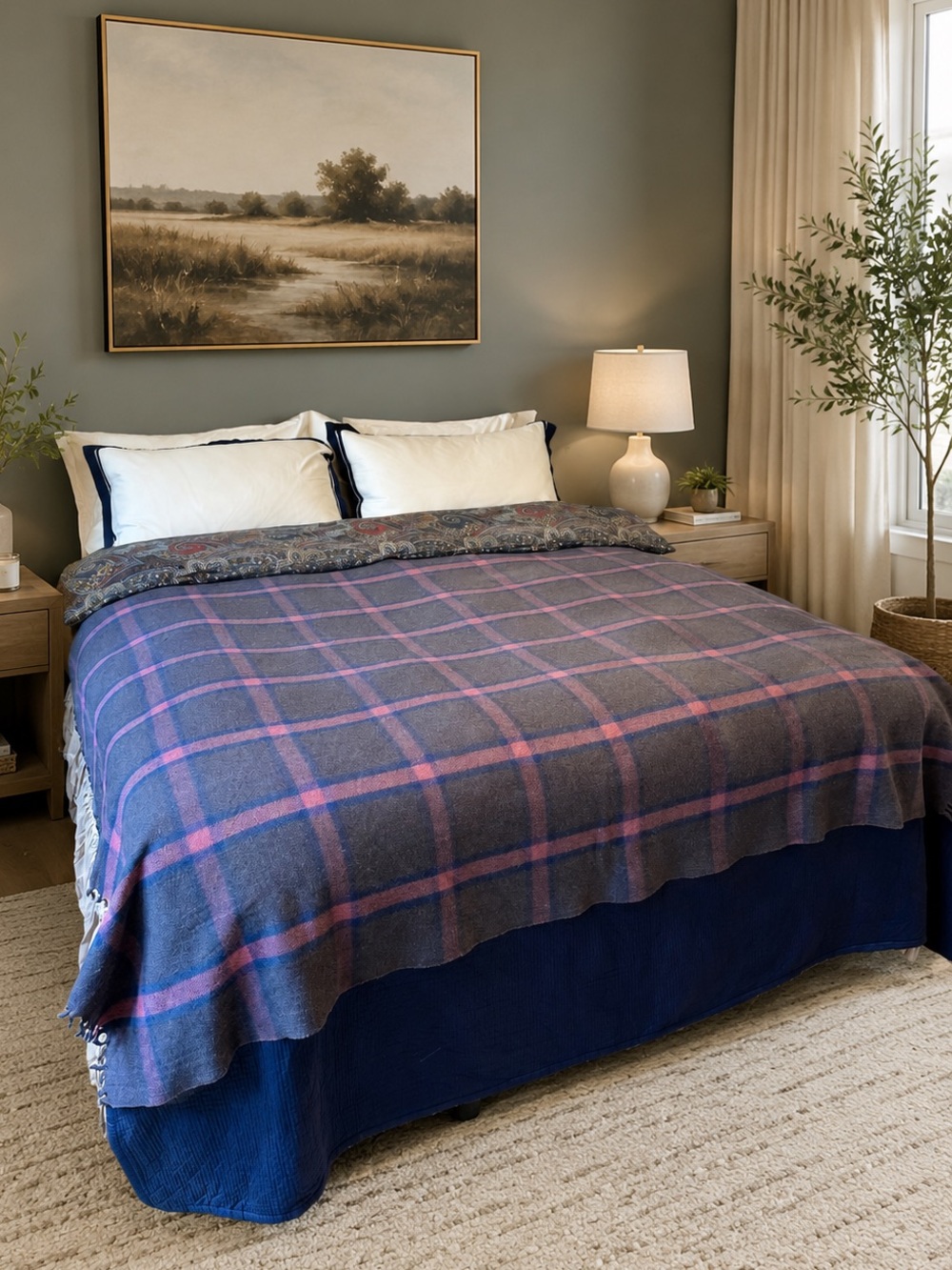 100% Sheep Wool Blanket Throw Gray Pink Plaid Fringe Twin 59x87 New Biokarpet